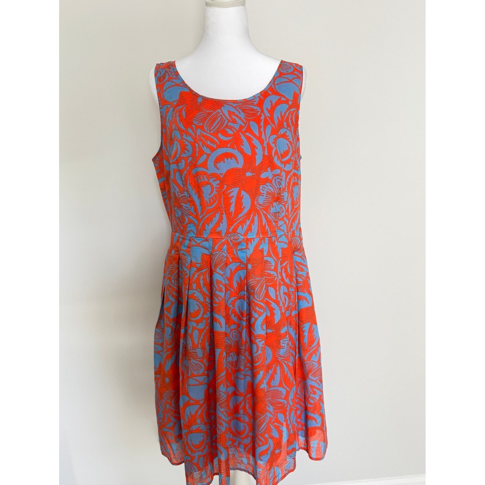 Talbots Orange Blue Floral Sleeveless Cotton Fit & Flare Dress Knee Length SZ 12
